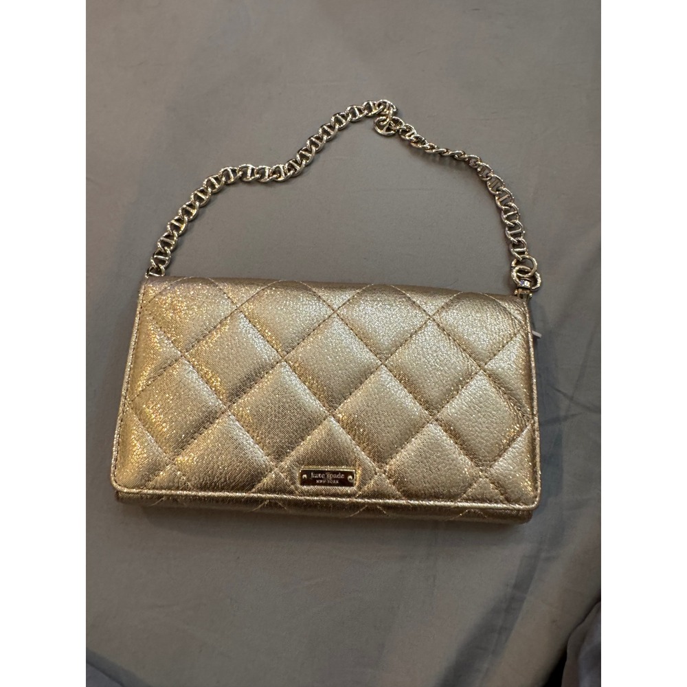 Kate Spade Gold Metallic Quilted Leather Chain Wallet Crossbody Clutch Bag